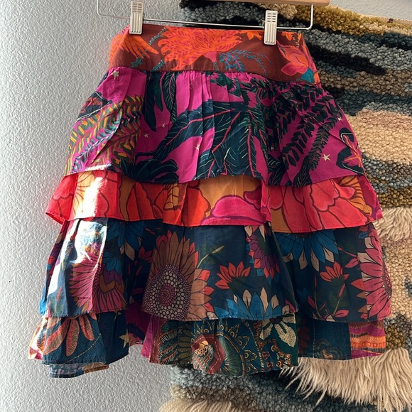 FARM RIO (ALTERED/CUT SHORT) Mini Skirt Tiered Bohemian Multi Tropical Floral XS - Picture 3 of 9